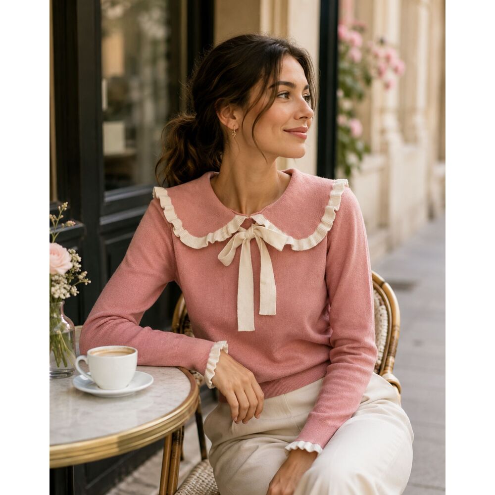 Pink Ruffle Peter Pan Collar Bow Sweater Coquette Preppy Size XS S Approx